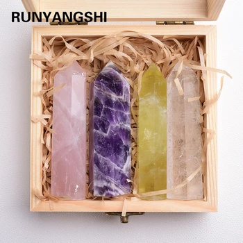 Runyangshi 4PCS /set Zdravljenje Kristalno Wands Eno Točko 6 Gladko Reiki Kamen za Meditacijo Terapija Dekor lesena darila polje