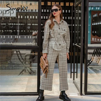 Simplee Elegantno sivo kariran jeseni, pozimi ženske obleka High street modni ženski pas nastavite Urad dama dolg rokav nastavite 2020