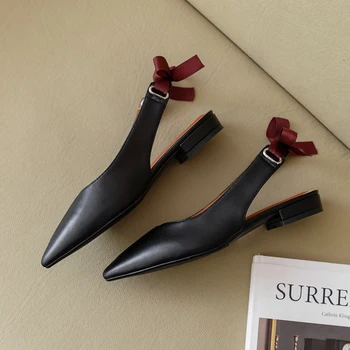 Slingbacks ravno čevlji konicami prstov ženske čevlje pravega usnja, modni čipke-up krasijo je črna, bež KRMI01 MUYISEXI