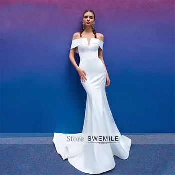 SWEMILE Snemljiv morska deklica Poročne Obleke 2020 Saten 2 V 1 Elegantno Čoln Vratu Bela Nevesta Oblek po Meri Vestido De Novia