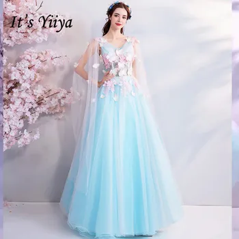 To je YiiYa Modra Večerne Obleke brez Rokavov Proti-vrat Cvetlični Tla-dolžina Til Sveže Stranka Obleko Čipke Iluzijo Precej LX799