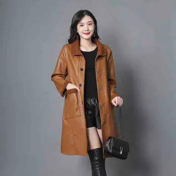 Usnjena jakna ženske, karamel, črna XL-5XL plus velikost svoboden 2020 jeseni, pozimi nove korejske modne dodaj volne plašči feminina JD877