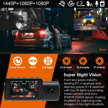 Vantrue N4 Dash Cam 3-Kanalni Spredaj 1440P+Notranje zadeve 1080P+Zadaj 1080P Avto DVR Kamera Video Snemalnik
