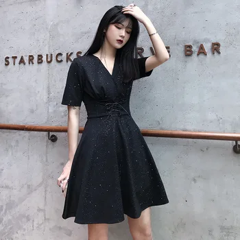 Črna Vintage Obleke Ženske A-Line Elegantno Obleko Pasu Vezna Up Poletje Moda
