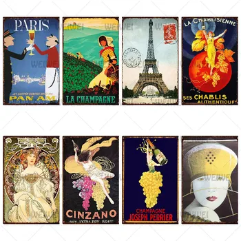 Šampanjec, Vino, Kovinski Tin Prijavite Francija Mesto Plakat Letnik Potovanja Kovinske Plošče Za Stenske Pub Kavarni Domače Obrti Dekor