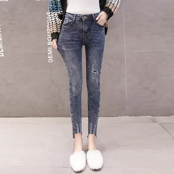 Ženske Jeans 2019 Novo Pomlad in Jesen korejski Moda Visoko Pasu Dim Sivo Luknjo Elastična Devet Točke Hlače