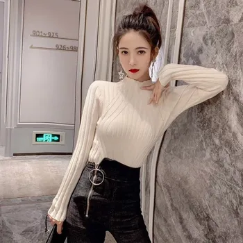 Ženske jeseni in spomladi korejskem slogu dolgo sleeved ohlapen pulover ženske slim 7-barva črna dno majica