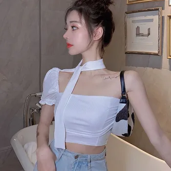 Ženske Majice korejski Eno-Ramo Puff Rokav t-Shirt Povodcem Vratu Hujšanje Popka Osebnost Bela Tshirt Vrh Vetements Femme