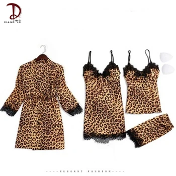 Ženske Pižame Štiri-Kos Svile Seksi Pižamo Evropski in Ameriški Leopard Tiskanja Suspender Krilo, Hlače, dvodelne Homewear
