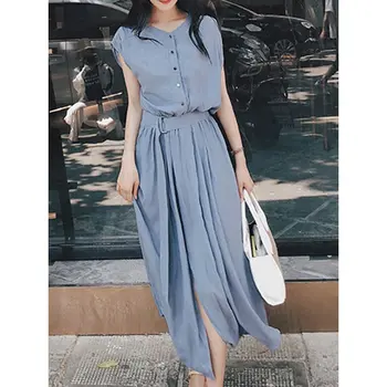 Ženske Poletne Obleke Korejski Moda Visoko Pasu Line 2019 Francoski Chic Vintage Ulica Priložnostne Pasu Vitek, Elegantno Šolsko Midi Obleko