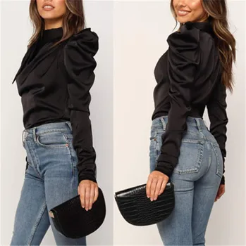 Ženske Saten Bluze 2019 Moda Visoko Vratu Dolgo Puff Rokav Črno Elegantno Bluzo Majica Urad Dama Klasičnih Blusas Srajca Femme