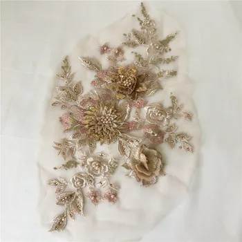 1 Kos Eleganten 3D Sequins Cvet Čipke Aplicirano Šivanje Trim S Pearl Beaded V Zlato Za Poročne obleke, kostumografijo