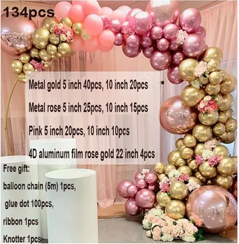 134pcs Baby Tuš Chrome Gold Rose 4D za Pastelno Roza Balone Garland Arch Komplet za Rojstni dan, Poroko Dekor