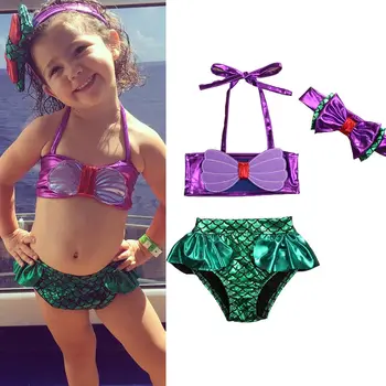 2018 3pcs Otroci Baby Deklet Bikini Komplet morska deklica Kopalke Poletje kopalke + Glavo Kopalke Povodcem Tankini 0-8 Let Fit