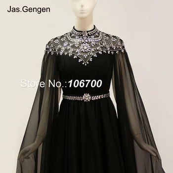 2018 Arabskem Slogu Kristalno Beading Večerne Obleke Celotno Dolžino Rokav Black Iluzijo Visoko Vratu Šifon Maturantski Obleki 1122