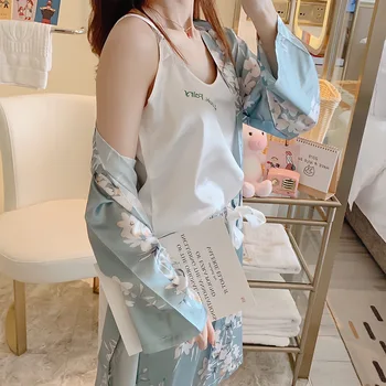 2019 Pomlad Jesen Ženske 3 Kosov Pižamo Določa Svile More Cvet Tiskanja Pijama Saten Sleepwear Tanke Homewear Nightsuits