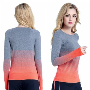 2019 sodijo zimski šport Žensk gradient barve z dolgimi rokavi Teče elastična lady Joga Dolg Rokav T-shirt Prostem