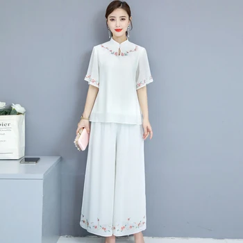2020 kompleti za ženske poletje Nov Modni Priložnostne Dva-delni Set Ženskih kratek rokav vrhu široko noge hlače obleko Kitajski slog Šifon