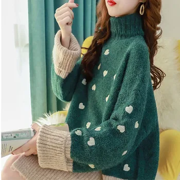2020 Korejski Jeseni Ženske Oblačila Prevelik Pleteni Puloverji Mozaik Kontrast Barve Weater Skakalec Ženska Turtleneck Puloverji