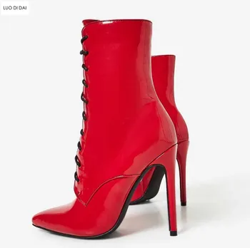 2020 nove ženske, rdeči čevlji zip gor ženske gleženj škorenjčki tanke pete lakasto usnje škornji ženske točke toe črni škornji čipke botas
