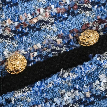2020 Novo Vintage Ženske, Modro Kariran Tweed Jakna Elegantna Beloprsi Singl Proti-Vrat Tassel Plašč Ženska Pomlad Jesen Outwear