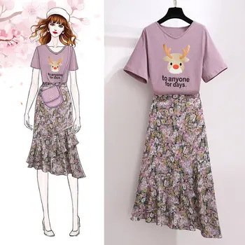 2020 Poletje korejski Moda Daisy Natisni T-shirt Krila Set za Ženske Ljubek Sladko Joker Dekleta Obleko Prijetno Bombaža, Kratek Rokav