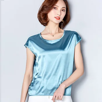 2021 Novo Svileno Bluzo Ženske Vrhovi Moda Elegantno O-neck Kratek sleeve Solid Majica Ženske Bluze Poletje Priložnostne Blusas Femininas