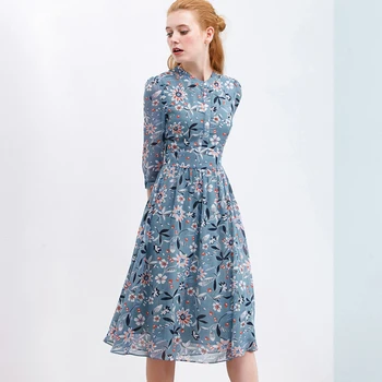 2021 Šifon Obleko Za Ženske Natisnjeni A-Linija za Ženske Mid-Dolžina Obleko Pomlad Jesen Cvetlični Modra Zapeto Gor Pregleden Vestidos