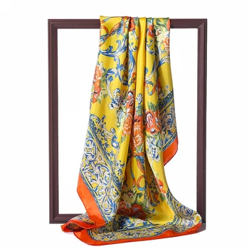 90 cm Kvadrat Svileni Šal Ženske Luksuzne blagovne Znamke, Tiskanje Foulard Hidžab Šali Lady Obloge Pomlad Poletje Saten Vratu Rute