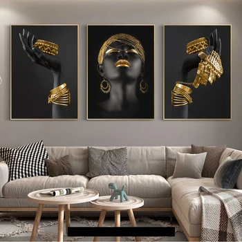 Afriška Ženska ima Zlato Nakit Platno Plakatov in Fotografij Črna Ženska Art Poslikave na Steni Umetnosti Pictues Za dnevno Sobo