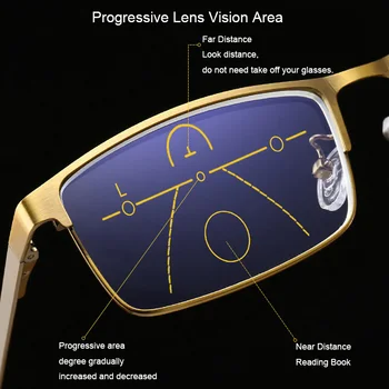 Anti-blue Ray Postopno Obravnavi Očala iz Nerjavečega Jekla Metal Full Frame Bralci Moške Pravokotne Multifocus Očala Zlato