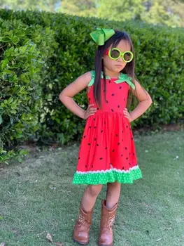 Baby dekleta poletje obleko dekleta, sadje, lubenica rdeče in zeleno obleko srčkan obleko z lokom na debelo
