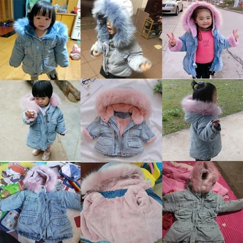 Baby dekleta' zimske jakne korejski 2-7 let starih otrok, zadebelitev in žamet traper suknjič big krzno ovratnik boyscotton jakna