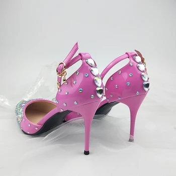 BaoYaFang roza barve ženska poletne sandale konicami prstov gleženj trak kristalno poročni čevlji Nevesta tanke pete stranka obleko čevlje