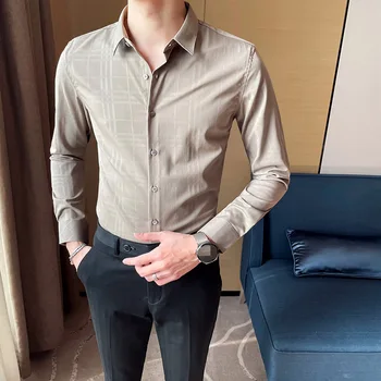 Britanski Stil Pomlad Novo 2021 Dolgimi Rokavi Moški Obleko Srajce Kariran Preprost Slim Fit Podjetje Formalno Obrabe Priložnostne Bluzo Homme 4XL-M