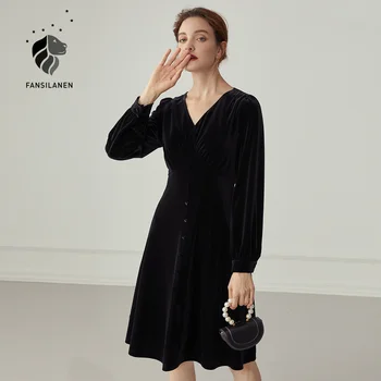 FANSILANEN Elegantno žamet midi stranka črna obleka Ženske v vratu dolg rokav slim seksi obleko Jeseni, pozimi klub vitnage obleko 2020