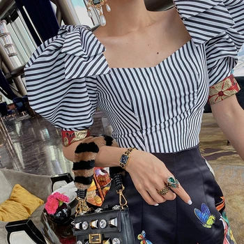 GALCAUR Striped Majica Za Ženske Kvadratnih Ovratnik Puff Kratek Rokav Zadeli Barvni Mozaik Bowknot korejski Bluze za Ženske do leta 2020 Oblačila
