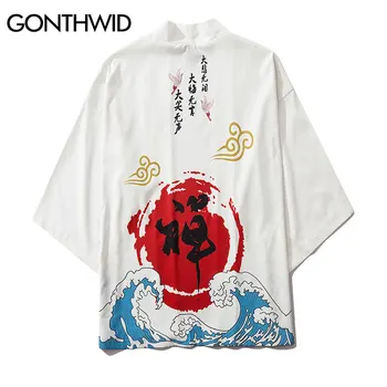 GONTHWID Kitajski Zen Znak Tiskanja Japonski Spredaj Odprti Kimono Jopico Srajce Moške Harajuku Priložnostne Ulične Jopiči Plašč Vrhovi