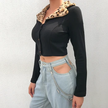 Iamhotty Femme Oblačila 2019 Ulične Dolg Rokav Turn-Dol Vratu Camisas Mujer Leopard Sponke Jeseni Zip-Up Majica S Kratkimi Rokavi Za Ženske