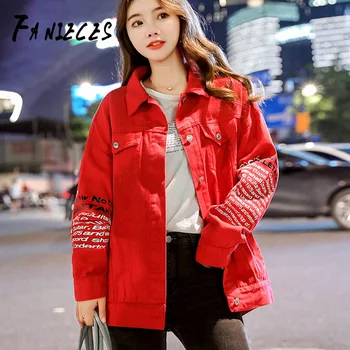 Ins ženske plašč 2020 jeseni rdeča modni korejski slog žep pismo tiskanja priložnostne svoboden denim jopiči, ženski mujer bomber jakno