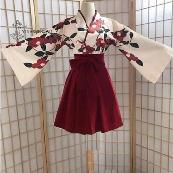 Japonski Kimono Kostume Ženska Yukata Haori Dolg Rokav Vrh Krilo Kawaii Oblačila za Dekleta Cosplay bo Ustrezala Japonski Nositi Črno Rdeča