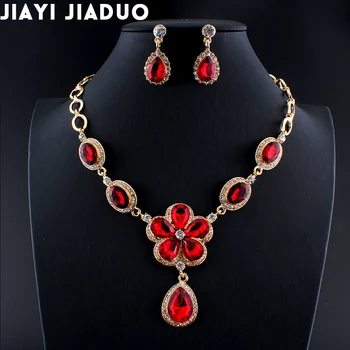 Jiayijiaduo Poročni nakit set za ženske Rdeče modro ogrlico, uhane nastavite Zlato barvo verigi oseb dodatki darilo
