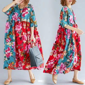 Johnature 2021 Poletje Cvjetnim Tiskanja Obleka Ženske Priložnostne Plus Velikost Mozaik Hit Barve Korejski Svoboden Ženske Obleke Nove