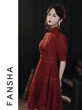 Kitajski Slog Eleganten Čipke Qipao Burgundija Letnik Vezenje Neveste Poroka Stranka Obleko Obleke Vestidos De Praznik