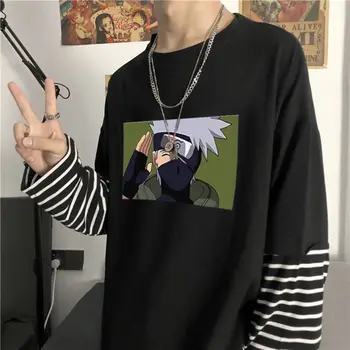 Kul Pomlad Naruto Tiskanja Moške majice Dolg Rokav Harajuku Unisex majica Japonski Anime Ulične Hip Hop Mozaik Tshirts