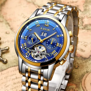 LIGE Oblikovanje blagovne Znamke Luksuzni Moške Ure Samodejno Modra Watch Moških iz Nerjavečega Jekla Nepremočljiva Business Sport Mehansko ročno uro
