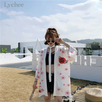 Liči Harajuku Japonski Srečen Mačka Tiskanja Kimono Jopico Ženske Priložnostne Ohlapno Majico Vrhovi Lady Kimonos Poletje Srčkan Plaži Bluzo