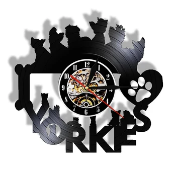 Ljubim Yorkies Pes Pasme Vinil Zapis Stenske Ure Kuža Ljubitelji Doma Dekor Yorkie Terier Retro LP Ure Black Wall Art Watch