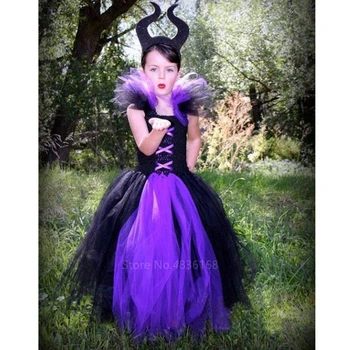 Maleficent Zla Kraljica Tutu Krilo Za Dekleta Obleke Z Rogovi Halloween Kostum Čarovnica Cosplay Dekleta otroški Pustni Party