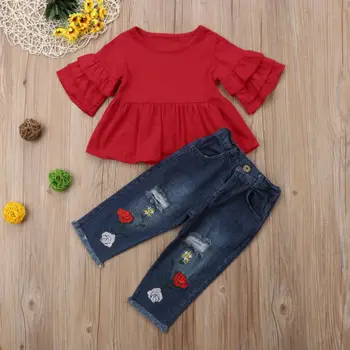 Malčka Otrok Baby Dekle Ruffles Rokav T-shirt Vrhovi+Flare Denim Jeans Hlače Luknjo Obleke Komplet Oblačil